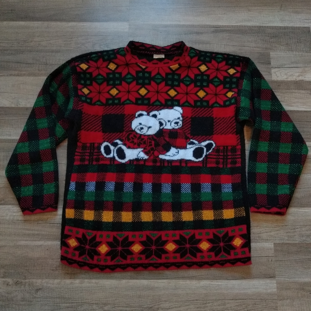 Vintage 80s 90s Holiday Christmas Bear Shiny Lurex Plaid Sweater Medium
